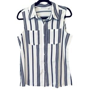 Notations Sleeveless Collared Button-Up Blouse Blue & White Striped - Size Lg